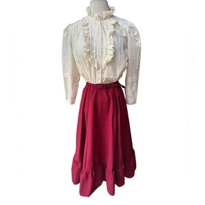 1970s‎ Victorian/Prairie Cotton Blend, Eyelet, High Ruffle Neck & Ruffle Placket